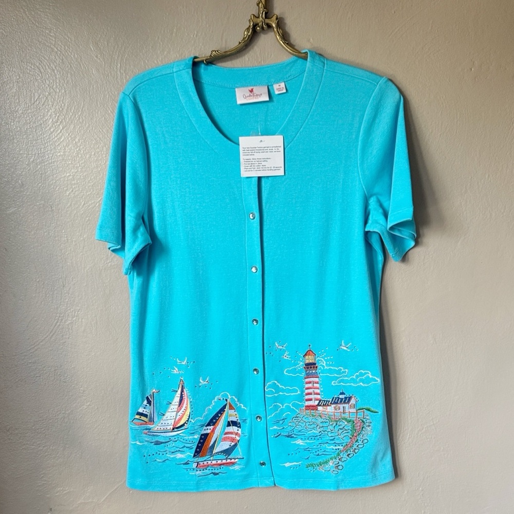 Quacker Factory Lighthouse and Sailboat Button-Up Short Sleeve Shirt Size Medium
